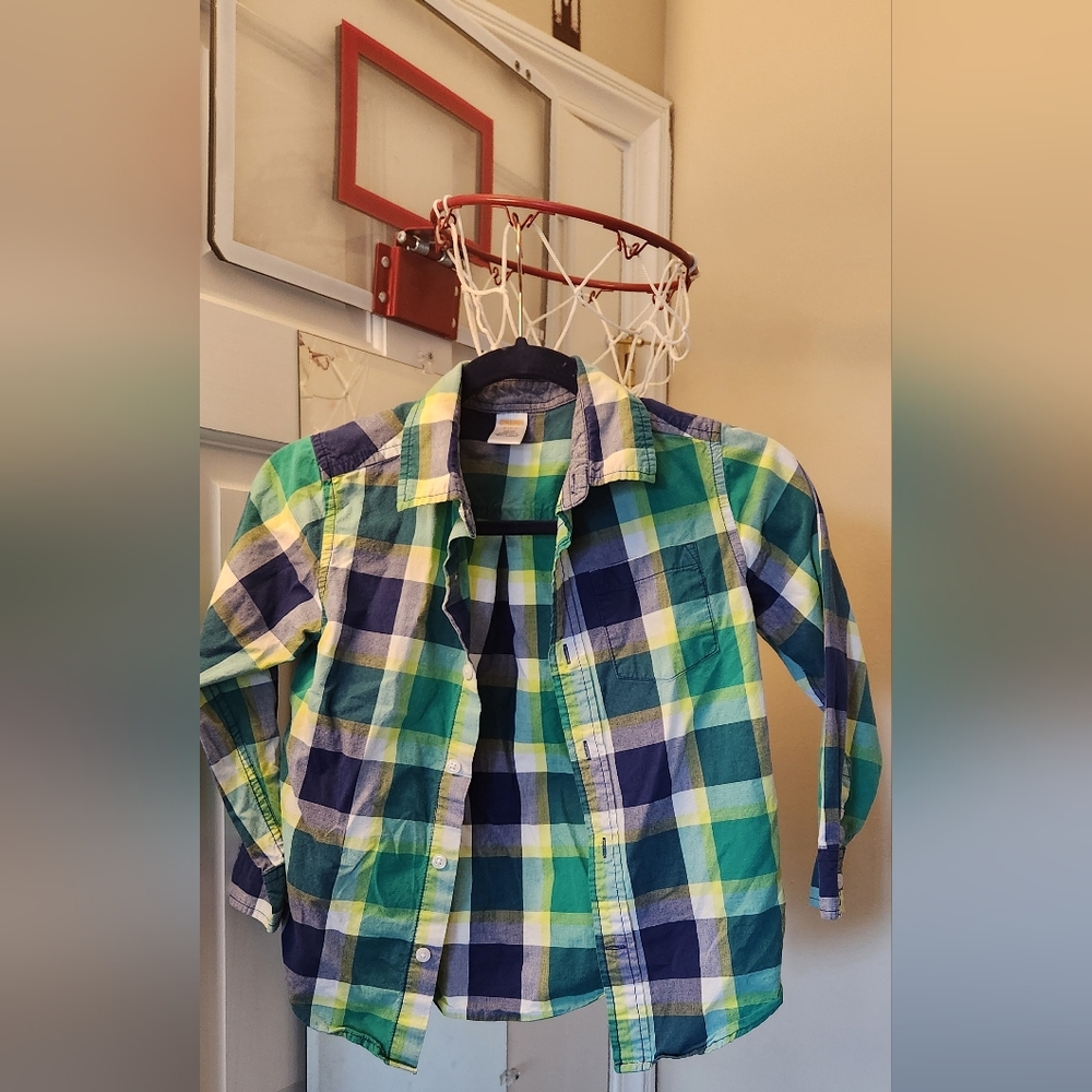 Gymboree Blue and Green Plaid Button Down Shirt, Boys Size Small 5/6